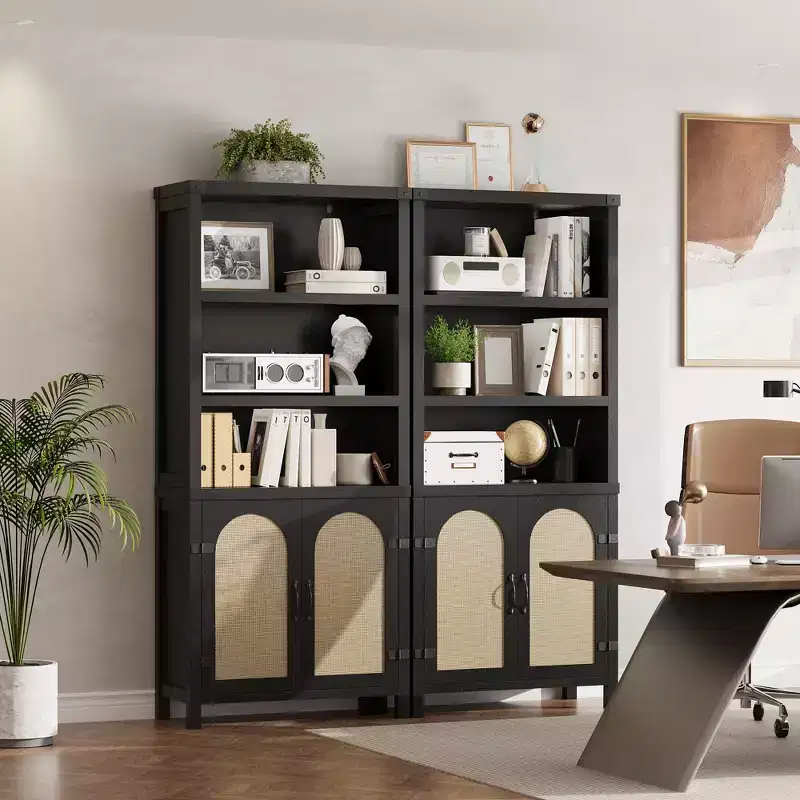 Rustic Bookshelves and Bookcases with Doors, Wooden 3 Shelf Bookshelves with Cabinets, 70 Tall Floor Standing Display Storage Shelves for Bedroom