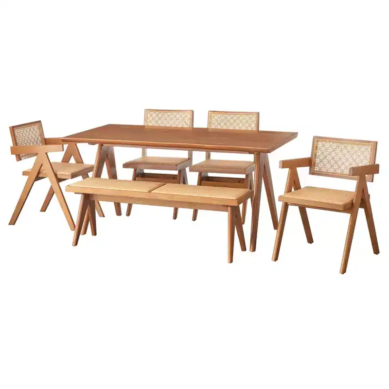 6pc Valentina Modern Dining set with 1 table 2 chairs 2 arm chairs 1 bench Light Walnut