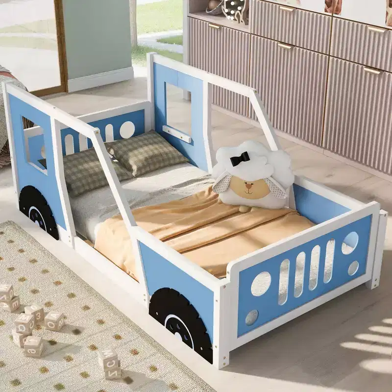 Twin/Full Platform Bed Frame with Wheels Classic Car-Shaped Bed with Rails for Kids Noise-Free Strong Wood Slats Easy Assembly, White