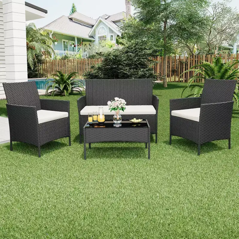 4 Piece Patio Furniture Set, Outdoor Deck Rattan Chair Wicker Combo Furniture, All Weather Dialogue Rattan Sofa with Upholstery and Glass Table