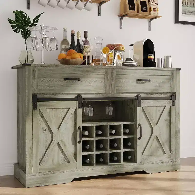 Heynemo Farmhouse Buffet Cabinet with Storage, Sliding Barn Door, Wine & Glass Rack, Storage Shelves, for Kitchen, Dining Room