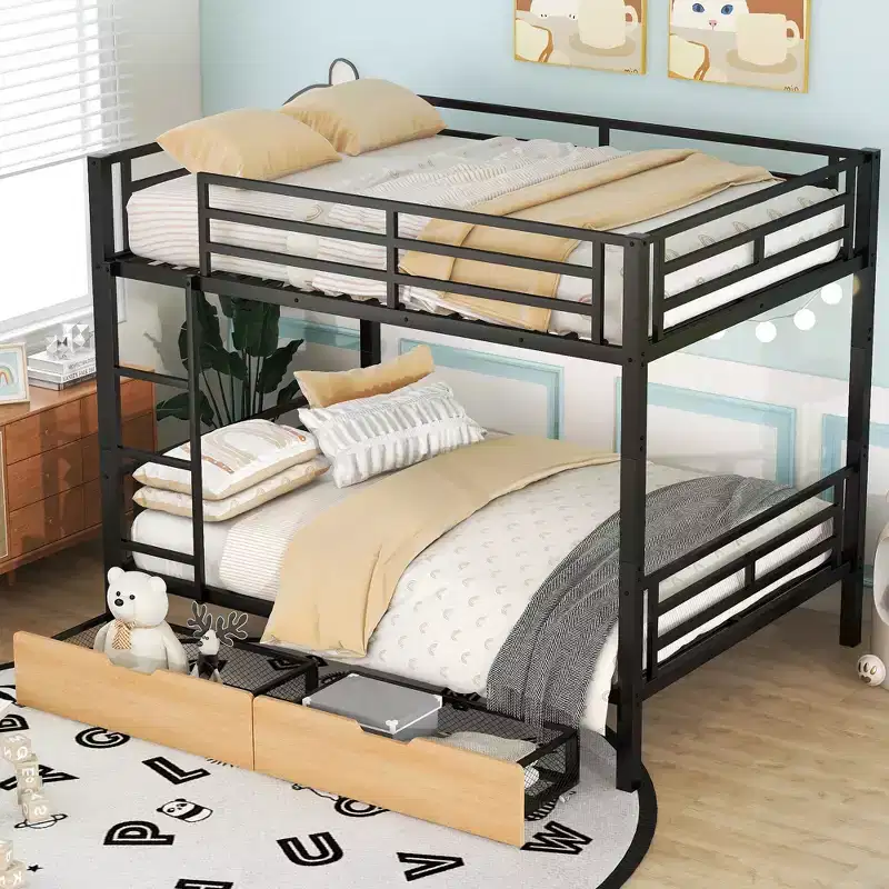Metal Full Size Convertible Bunk Bed with 2 Drawers and Ladder - Black