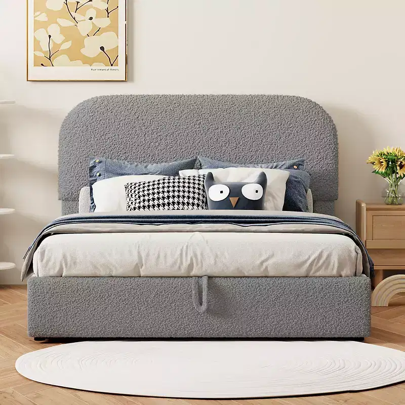 Full/Queen Size Teddy Fleece Upholstered Platform Bed with Hydraulic Storage System