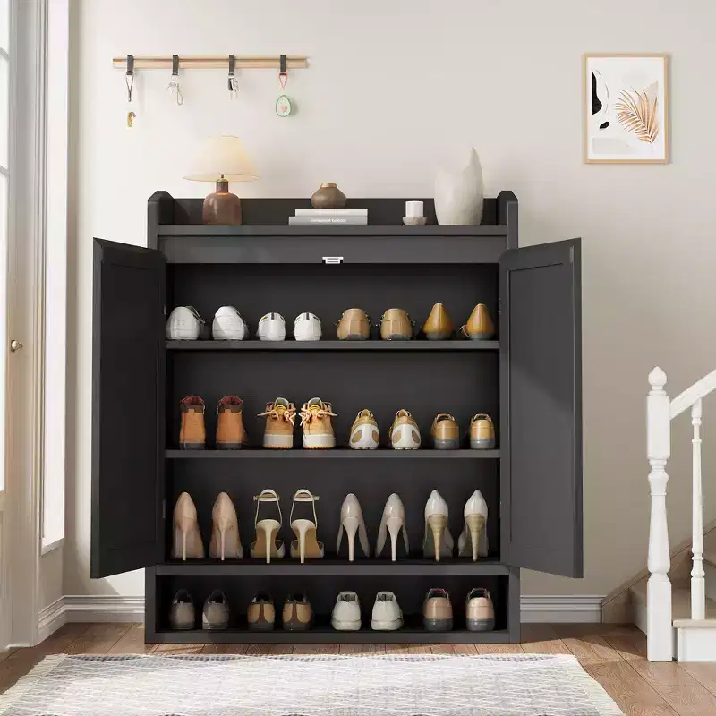 5-Tier Rattan Shoe Cabinet Storage Organizer with 2 Doors Adjustable Wooden Entryway Hallway Closet Living Room Natural