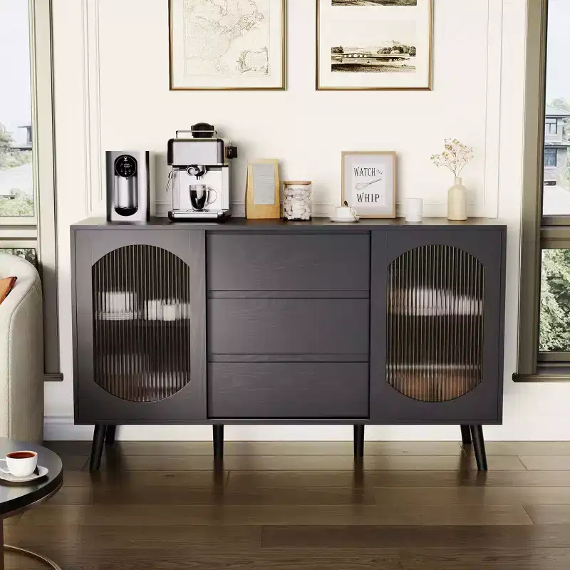 52.7'' Buffet Cabinet with Storage, Sideboard Cabinet with Fluted Glass Sliding Doors and Drawers, Black Sideboard for Kitchen
