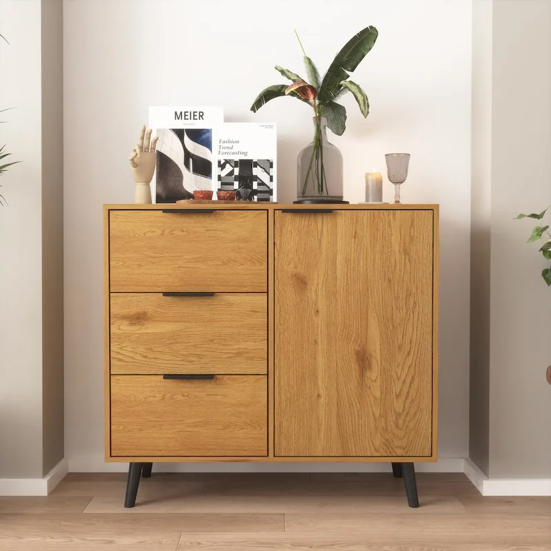 Storage Cabinet with 3 Drawers & Adjustable Shelf, Mid Century Cabinet with Door, Accent Cabinet for Living Room, Home Office