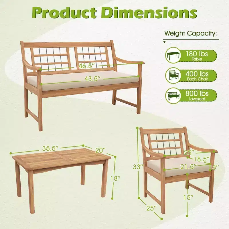 Costway 4 PCS Wood Patio Furniture Set with Soft Seat Cushions Solid Acacia Wood Frame Off White/Gray