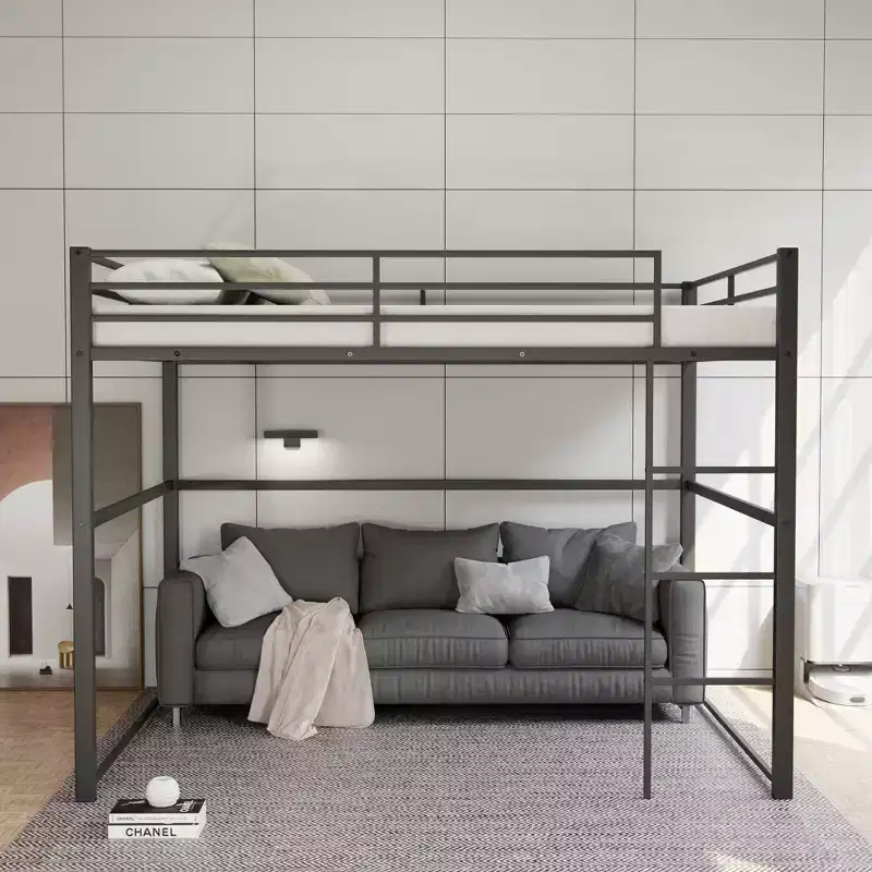 Metal Loft Bed Full Size, Loft Bed Frame with Safety Guard Rails & Flat Ladder, Twin Loft Bed for Kids Teens Adults