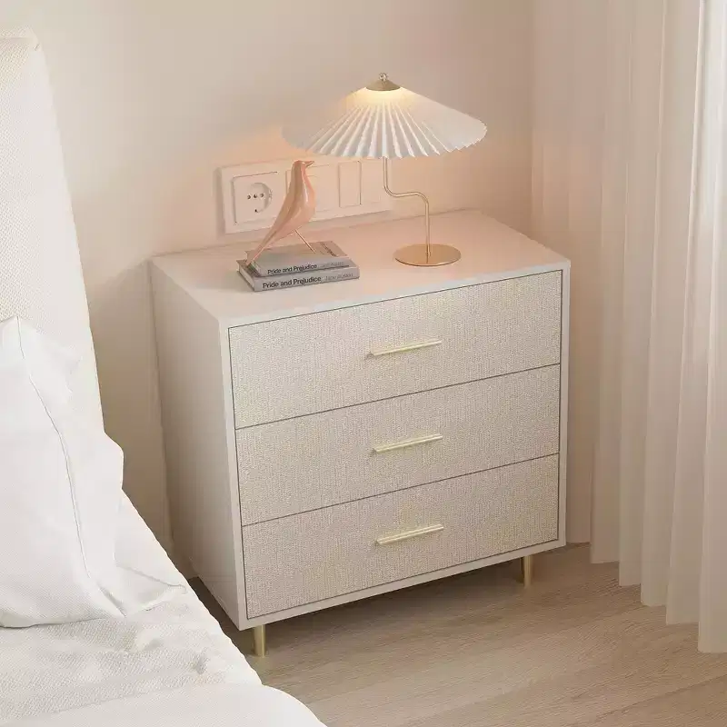 3 Drawer Dresser with Gold Handles and Legs, Wooden Nightstand with Linen-Textured Surface, White Chest of Drawers, Accent Cabinet End Table
