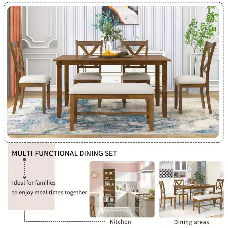 Whisen 6-Piece Wooden Rectangular Kitchen Dining Table Set with 4 Fabric Chairs and Bench