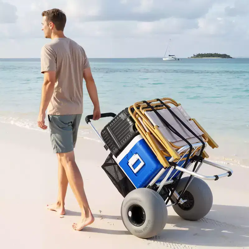 Beach Dolly with Big Wheels for Sand 20x15 Cargo Deck Folding Sand Cart 165 lbs Silver+Black