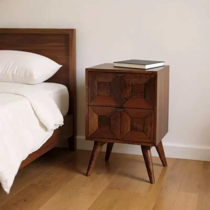 HomeRoots 24 Chestnut Solid Wood Square Carved Geometric Two Drawer Nightstand