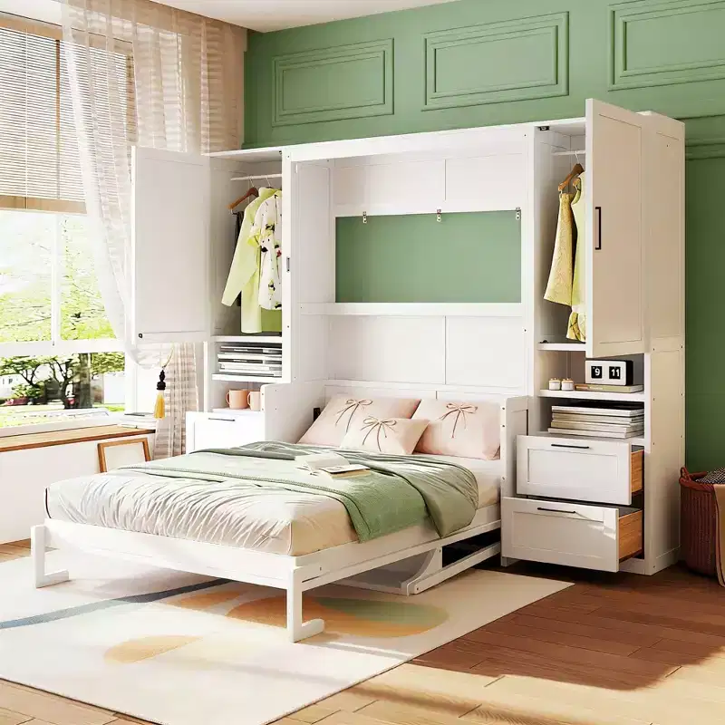 Luxystar Full Modern Murphy Bed with 2 Wardrobes, 4 Drawers and Shelves, White