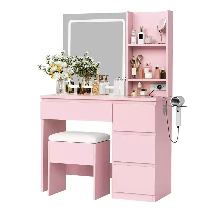 Vanity Desk with Mirror and LED Light, Modern Makeup Dressing Table, with 4 Drawers, Adjustable 3 Lighting Mode, for Bedroom