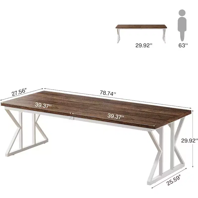 Lantine 78.74-Inch Large Executive Desk, Industrial Home Office Computer and Writing Study Table, Rustic Brown/White