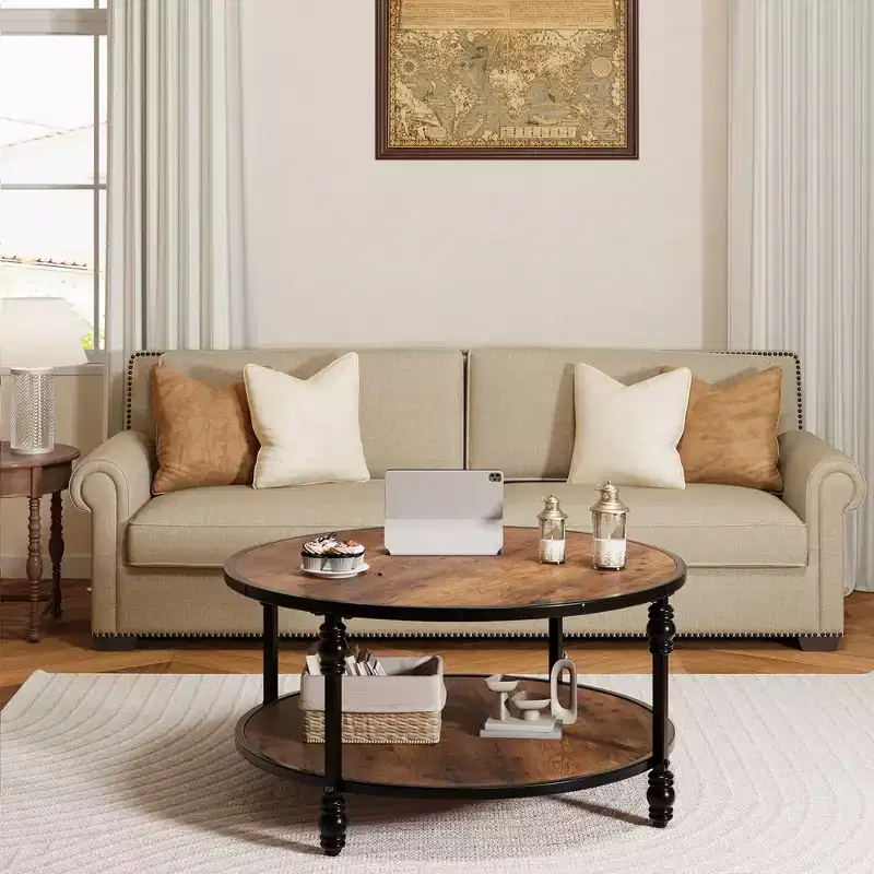 Round Rustic Coffee Table with Storage Shelf, Wood Top, Metal Legs, Brown/Black