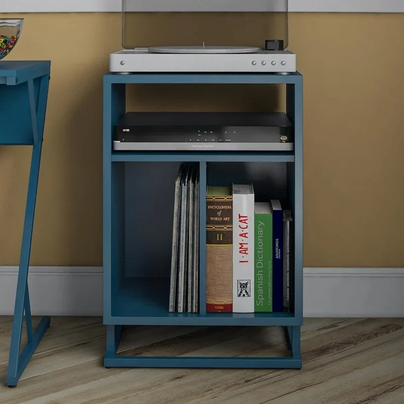 Blue / Walnut Turntable Stand with 3 Open Cubbies and Metal Base for 1–2 Person