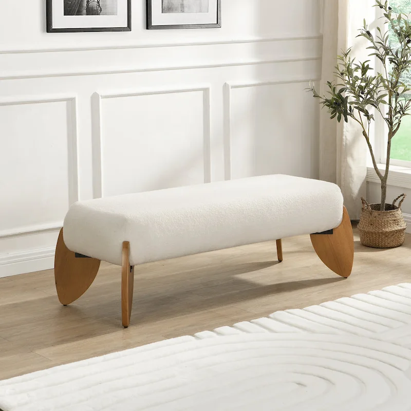 '- Clara White Boucle Ottoman Bench - 48   W x 19.5   D x 17   H