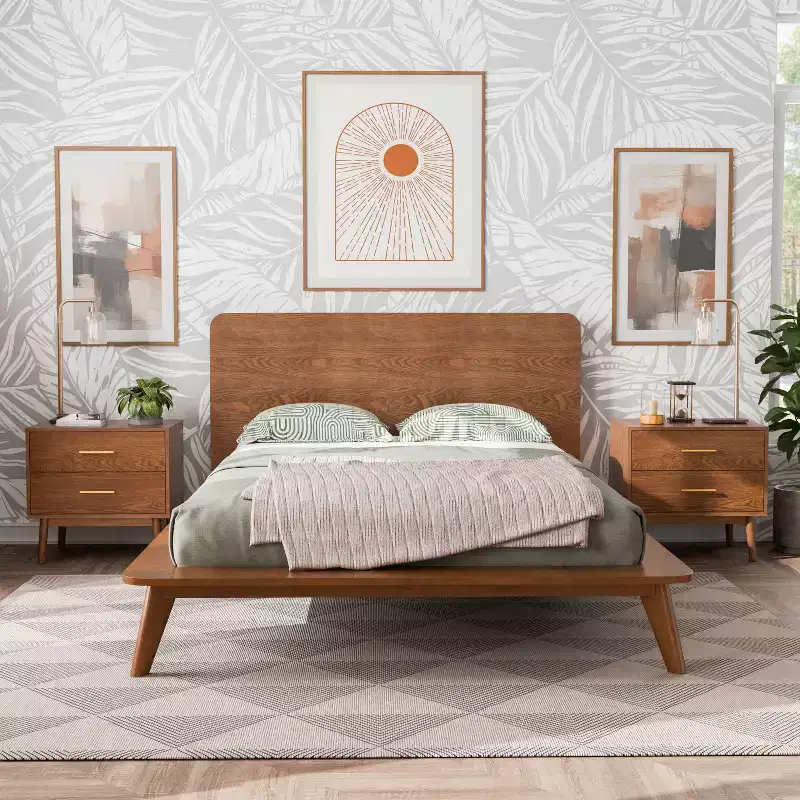 HOMES: Inside + Out 3pc Riverstone Mid-Century Wood Platform Bedroom Set with 2 Nightstands Walnut
