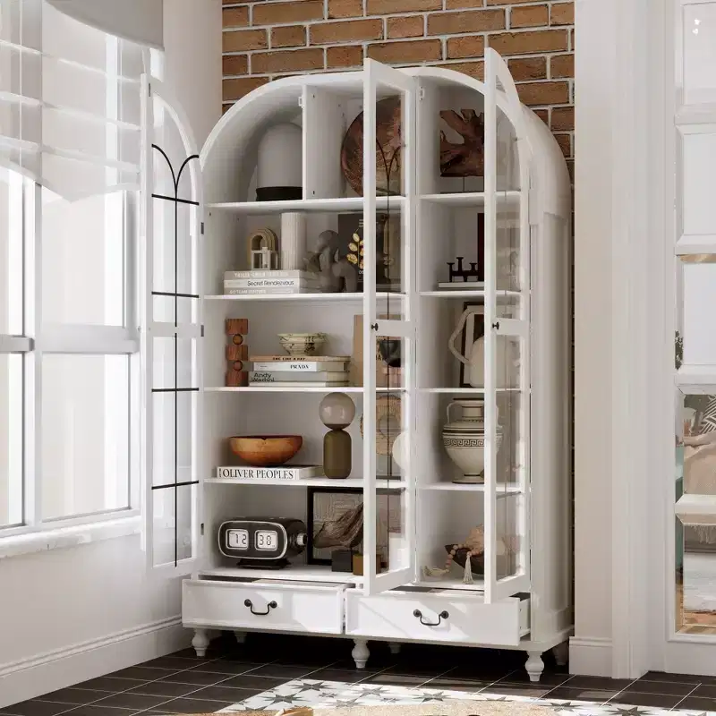 Famapy Display Bookcase with Solid Wood Legs and Glass Doors Cabinet Curio
