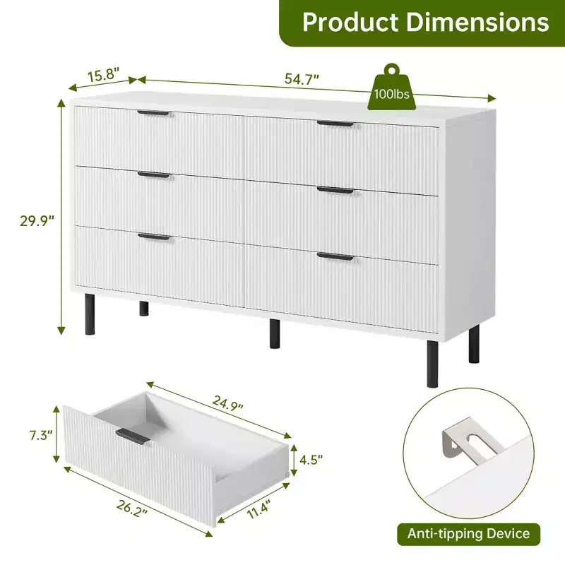 Fluted 6 Drawer Dresser, Wide Wood Double Dresser with Metal Legs and Handles