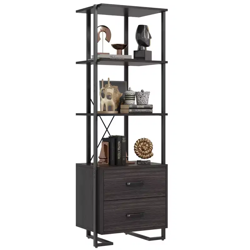 4 Tier Bookshelf with Storage Drawers,70.9 Inch Tall Industrial Book Shelf with Open Display Shelves