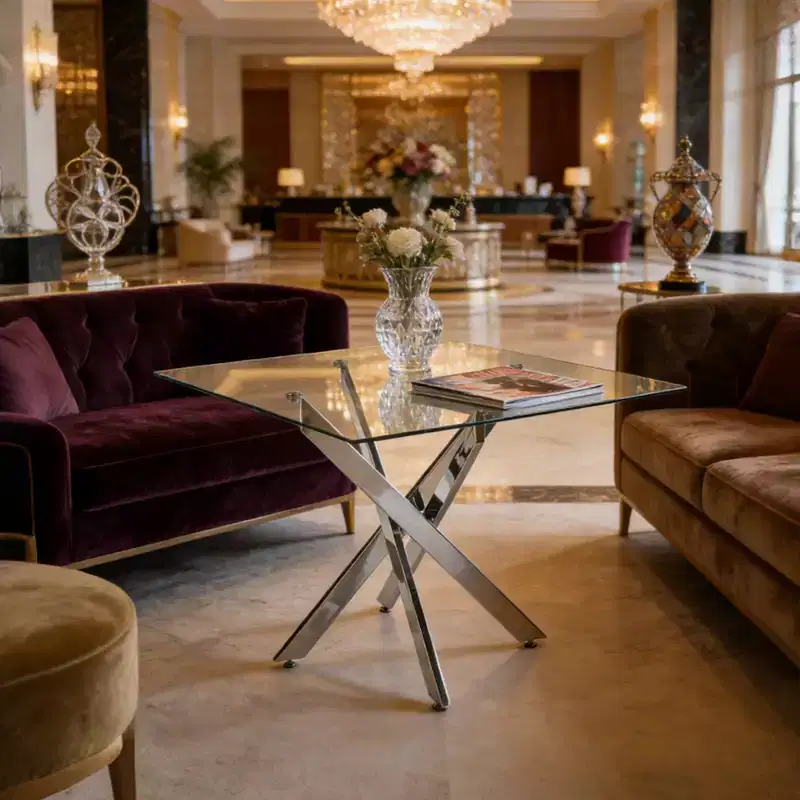 Square Dining Table 90x90x75cm Chrome Cross Metal Legs & Tempered Glass Top, Space-Saving