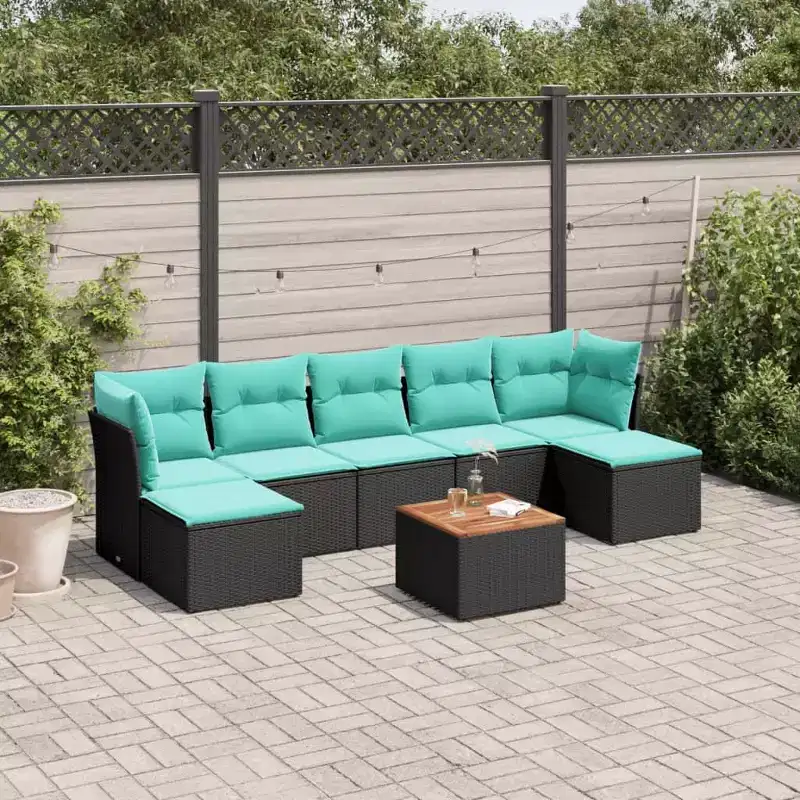 vidaXL 8 Piece Patio Sofa Set with Cushions Black and Blue Poly Rattan