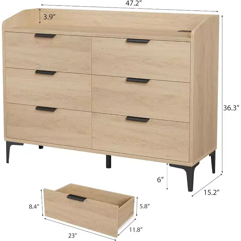 6 Dresser for Bedroom, 47.2 in Wide Drawer Dresser with Power Outlets, Wooden Closet Storage Chest for Living Room