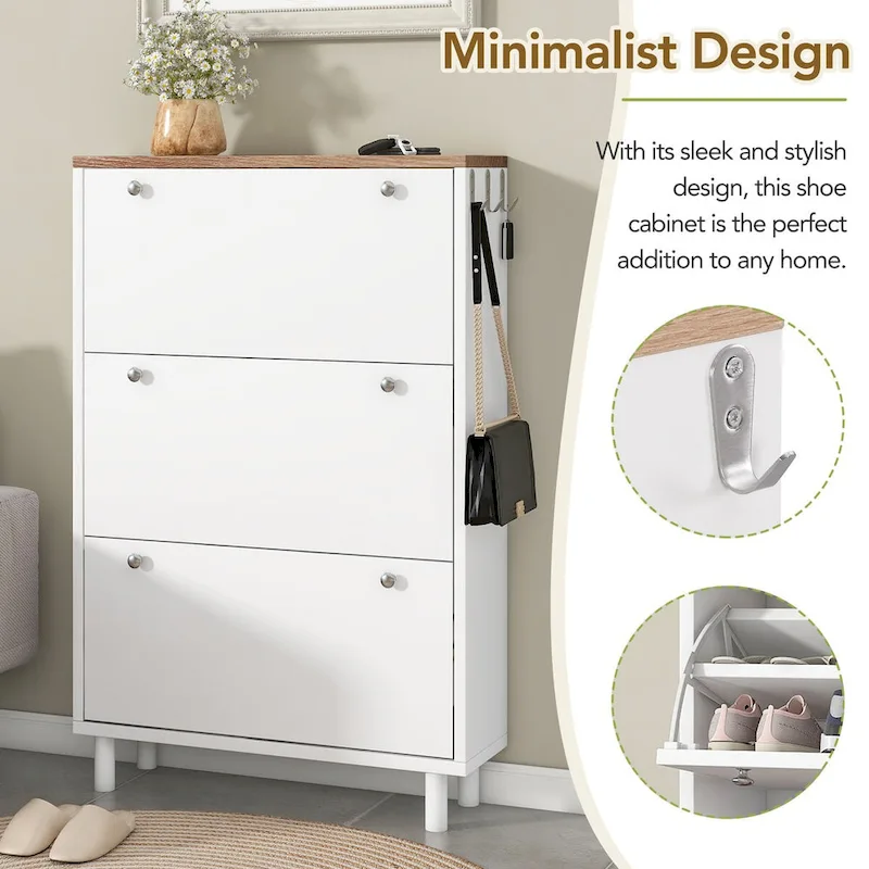 Shoe Cabinet with 3 Flip Drawers,Wood Grain Pattern with 3 Hooks,Free Standing Shoe Rack with Adjustable Panel