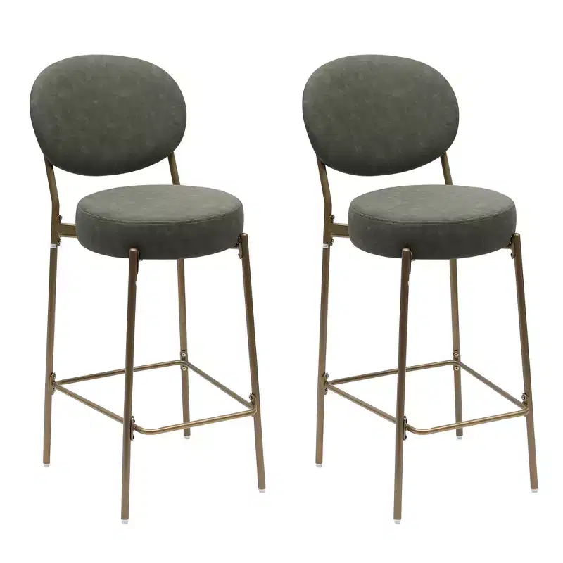 29.13 inches (H) Green and Gold Faux Leather and Metal Low Back Bar Height Bar Chairs