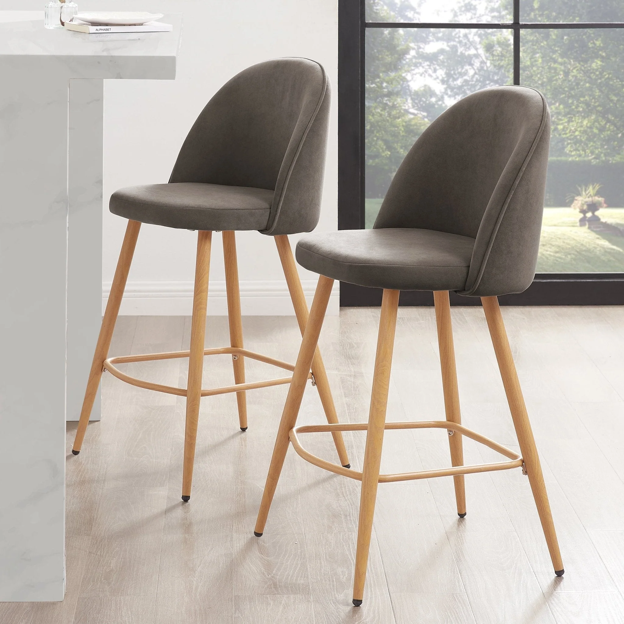 Modern Taupe Velvet Barstool with Natural Wood Legs for Kitchen