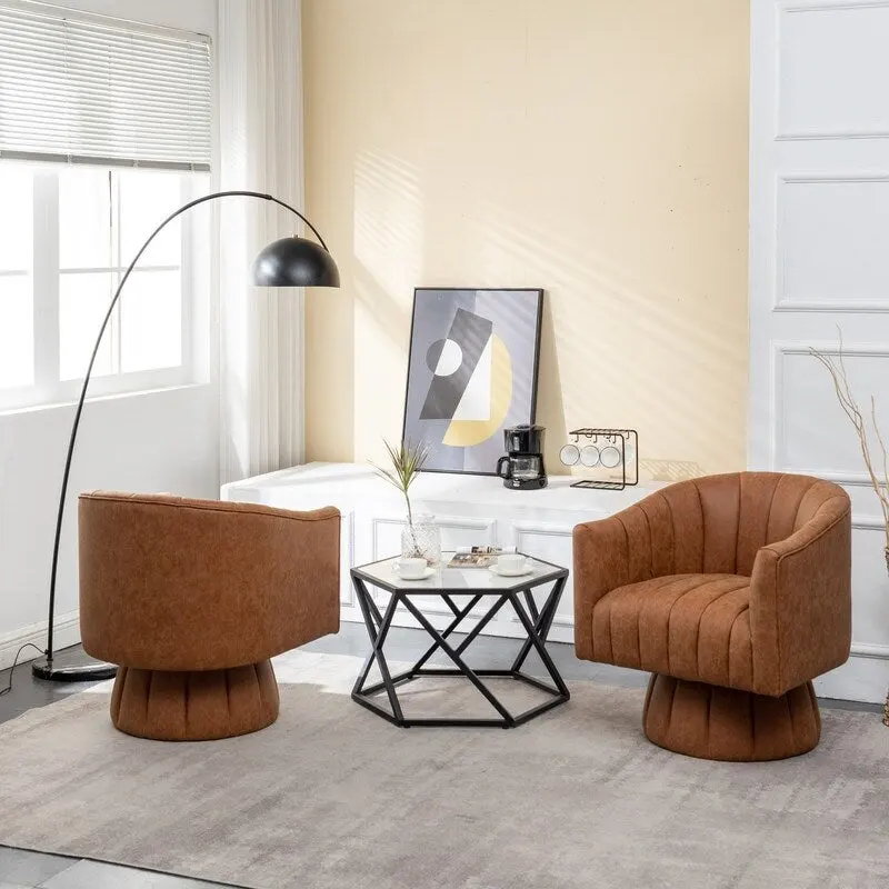 SEYNAR Mid-Century Swivel PU Leather Tufted Round Accent Barrel Chair set of 2