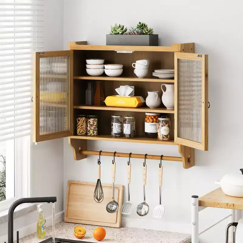 24.8Glass Door Vintage Double Door Wall Cabinet with Three Tiers of Storage with Towel Rack, for Bathroom, Kitchen,Dining Room