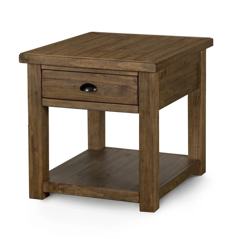 Rustic Pine Wood Rectangular End Table with Drawer and Open Shelf – Warm Nutmeg, 1-Unit