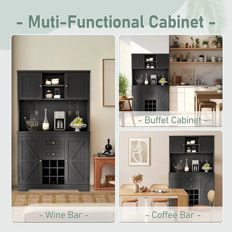 Coffee Bar Cabinet with Drawers, Freestanding Kitchen Pantry with Shelves and Cabinets, Buffet Cabinet with Glass Racks