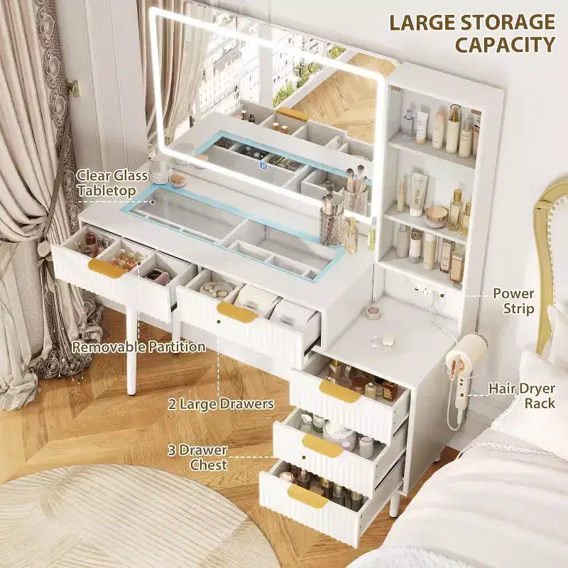 GustoWave 5 Drawers Vanity Desk, Makeup Dressing Table with Built-in USB Outlet Charging Station