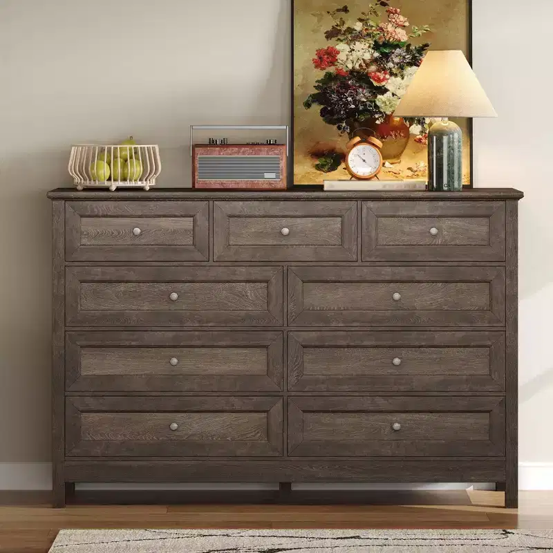 Modern 9 Drawers Rustic Bedroom Dresser with Silver Handle, Minimalist Wooden Dresser, Chest of Drawers for Bedroom, Entryway