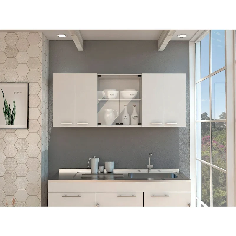 Wall Cabinet with Glass Doors, 4 Interior Shelves, Double Door