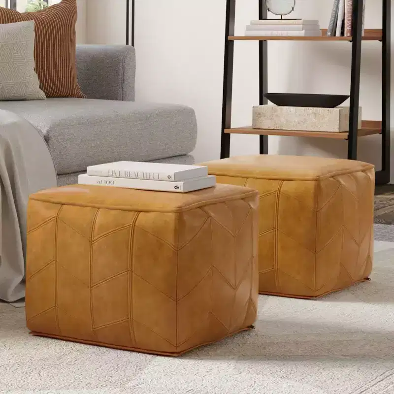 Square Pouf Brown: Chevron Genuine Leather, No Assembly, Padded Seating