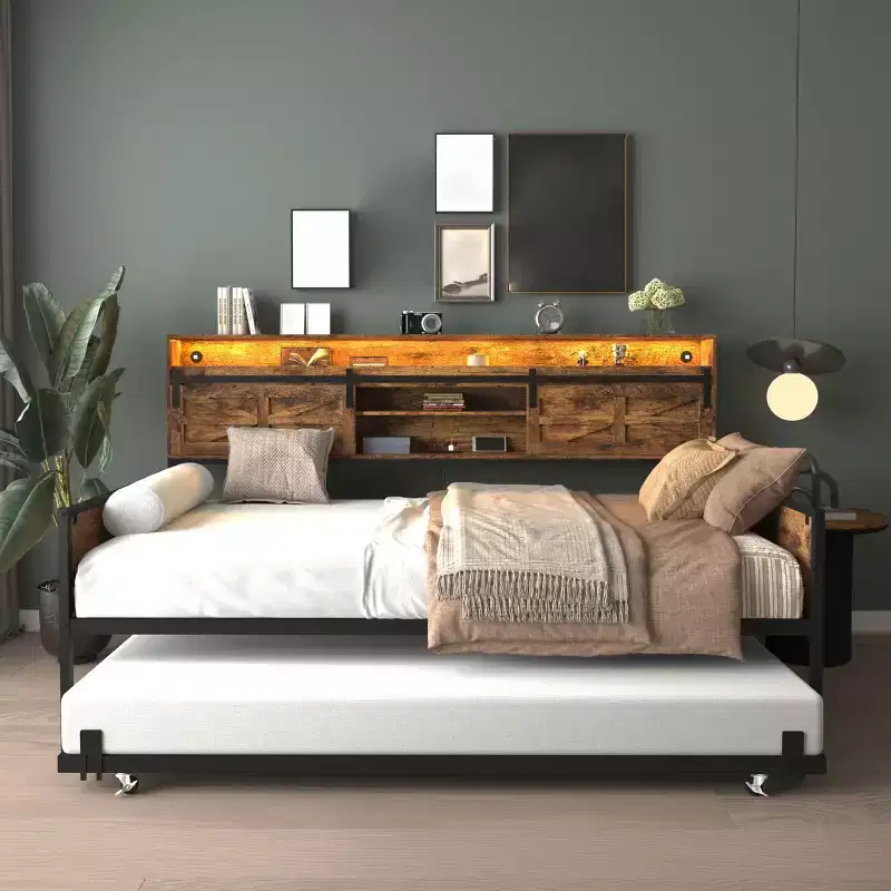 Twin Daybed with Trundle and Storage Headboard – Metal Frame, 400 lbs Capacity