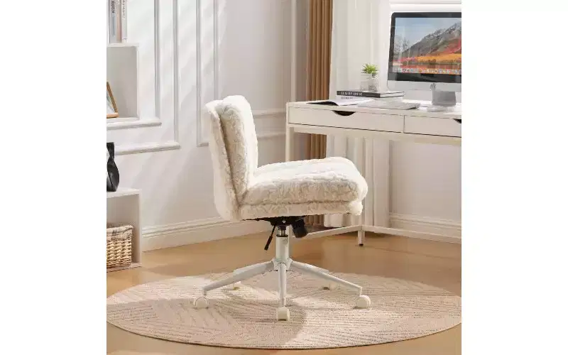 TUYOHW Plush Faux Alpaca Ergonomic Office Chair, 26.4 Wide Seat Home Office Desk Chair, Adjustable Swivel Vanity Chair with Metal Base