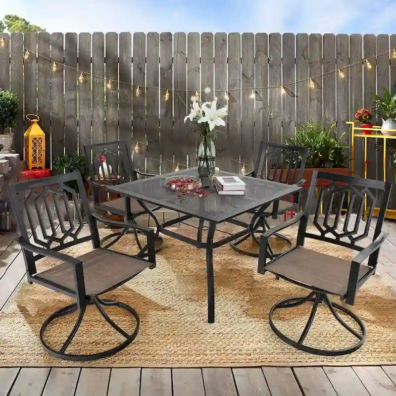 MFSTUDIO 5-Piece Patio Dining Set, 4 Sling Swivel Chairs and Multi Role Metal 37inch Square Table with 1.57 Umbrella Hole
