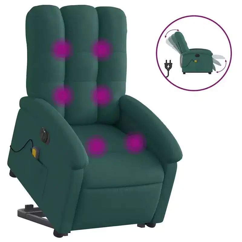 vidaXL Electric Massage Recliner-Lift Chair with Vibration Massage, Auto-Adjusting Backrest/Footrest, Dark Green Fabric, Side Pocket