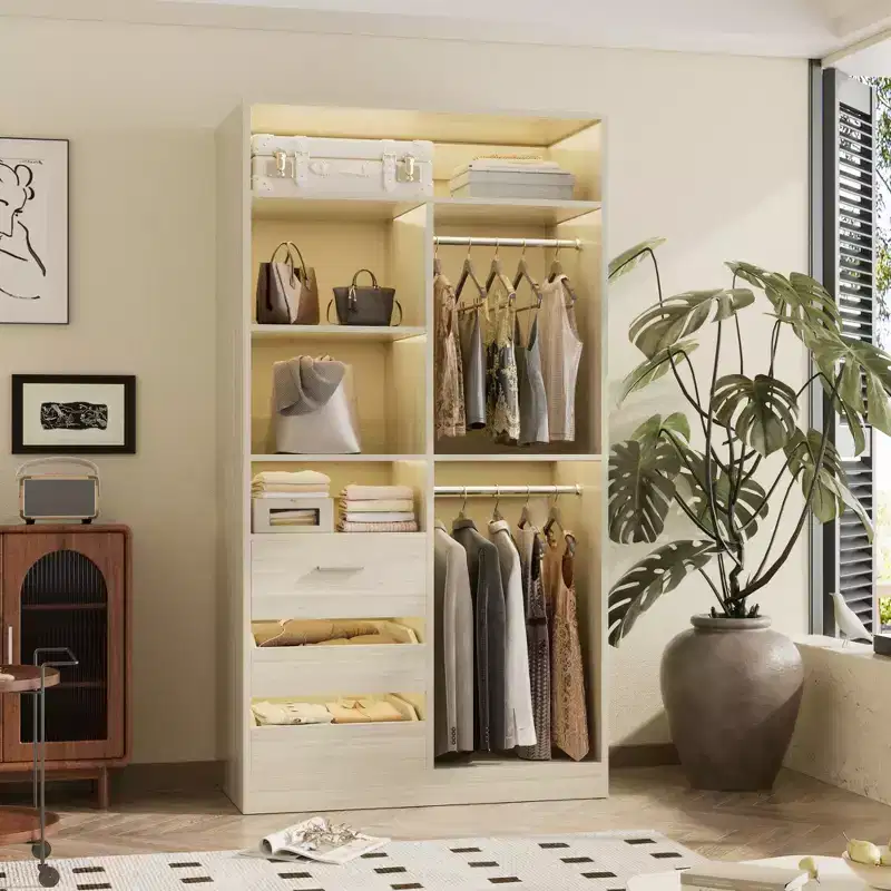Closet Organizer with Wood Drawers, Freestanding Closet System with Hanging Rods