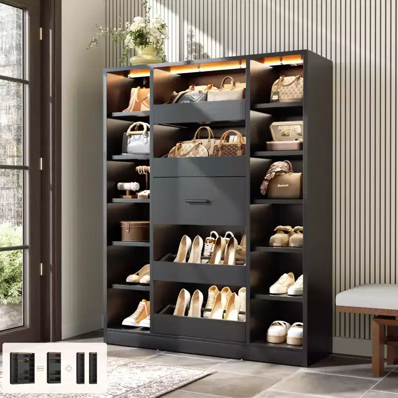 Besiost Wooden Shoes Cabinet with Led Lights, Freestanding Closet Organizer with Drawer and Shelves