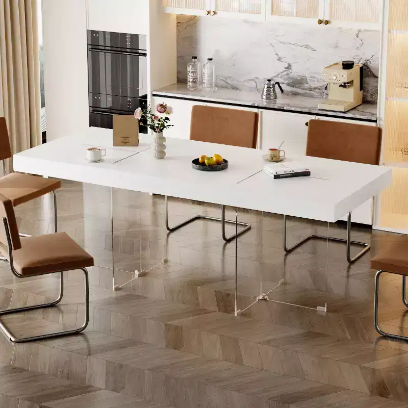 Hitow White Rectangular Dining Table & Conference Table with Tempered Glass Legs