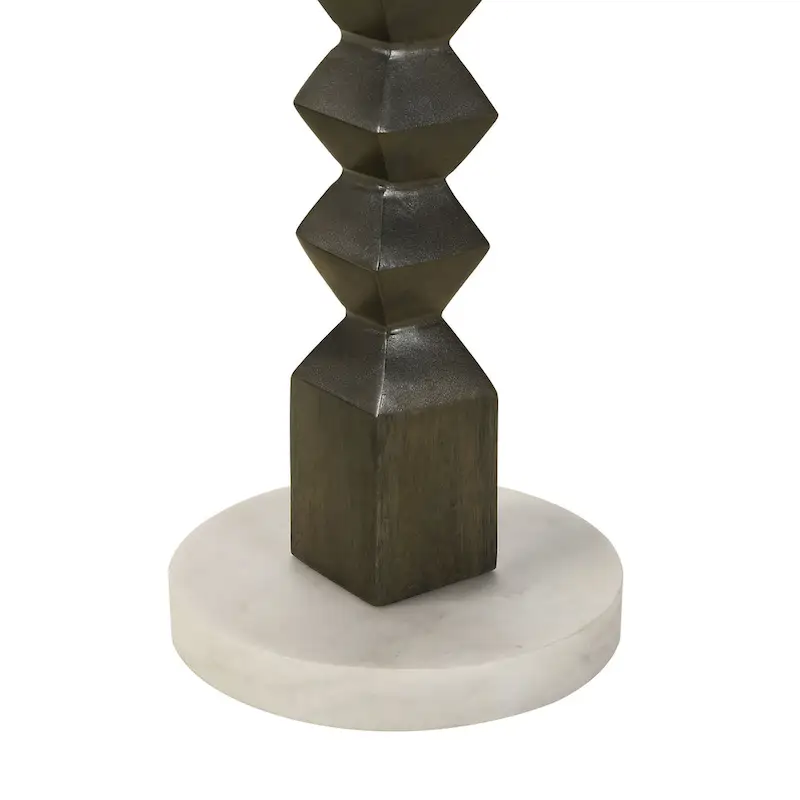 Drink Side Table, 11 Inch Round Marble, Spindle Pedestal Base, White, Gray