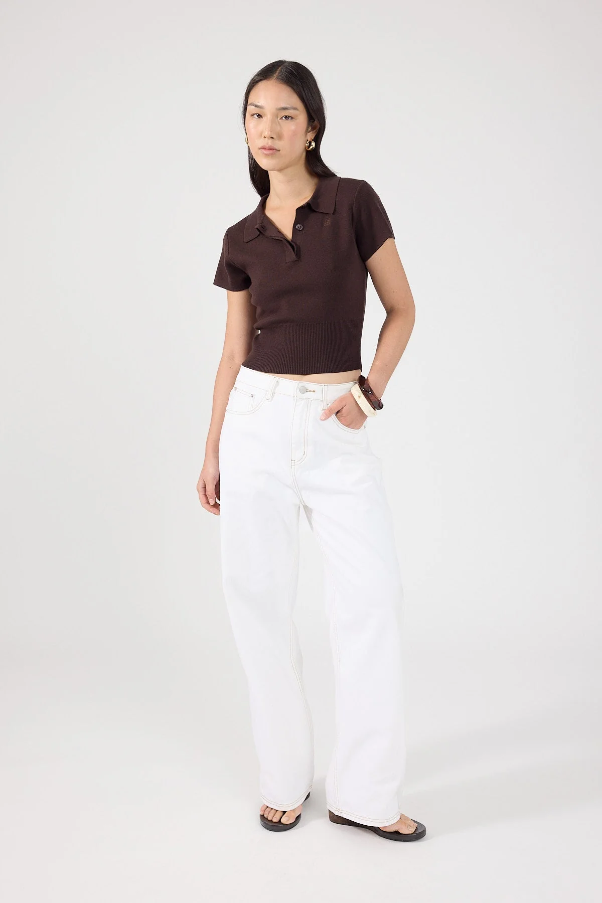 Knit Polo Top Brown