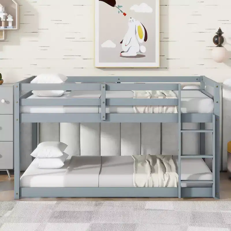 Twin Floor Bunk Bed with Ladder and Solid Wood Frame – Gray